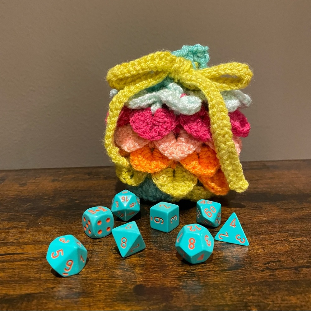 Handmade Mermaid Dragon Scale Crochet Rainbow Yarn Dice Bag with Tie
